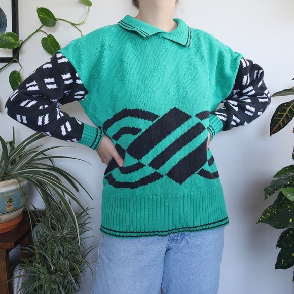 Teal and Black Patterned Collared Sweater - Picture 6 of 9